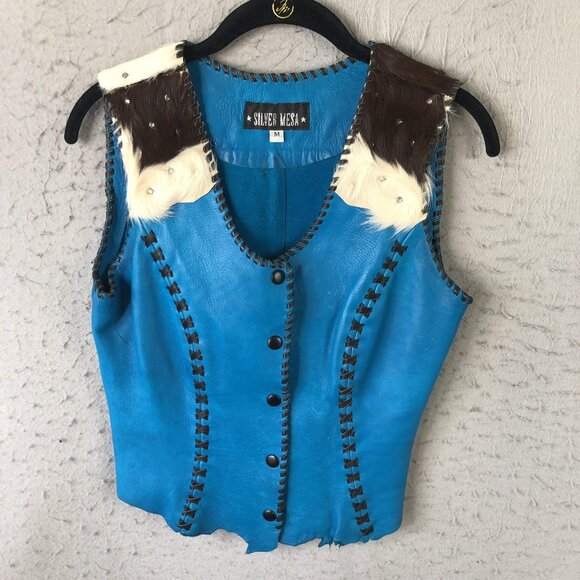 Silver Mesa Jackets & Blazers - Silver Mesa Vest Womens Medium Blue Leather Cowhide Rhinestone Western Boho